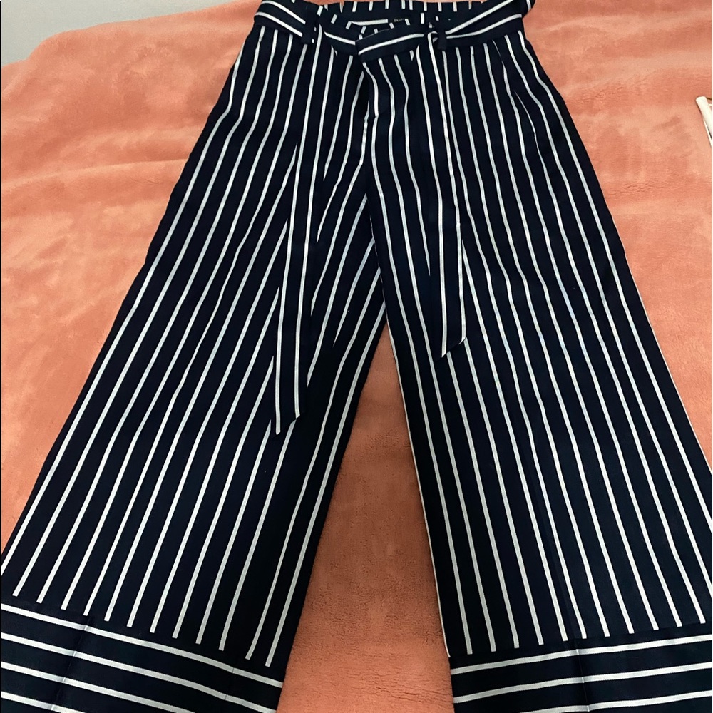 Flared navy stripe pants